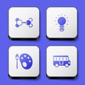 Set Molecule, Creative lamp light idea, Paint brush with palette and School Bus icon. White square button. Vector Royalty Free Stock Photo