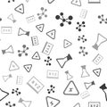 Set Molecule, High voltage, Test tube and flask and XYZ Coordinate system on seamless pattern. Vector