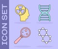 Set Molecule, Human head and a radiation, Microorganisms under magnifier and DNA symbol icon. Vector