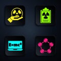 Set Molecule, Radioactive, Equation solution and Radiation warning document. Black square button. Vector Royalty Free Stock Photo