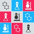 Set Molecule, Test tube and flask chemical and Test tube flask on stand icon. Vector