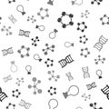 Set Molecule, Test tube and flask, DNA symbol and Molecule on seamless pattern. Vector