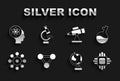 Set Molecule, Test tube, Processor CPU, Earth globe, Virus, Telescope, Atom and Microscope icon. Vector Royalty Free Stock Photo