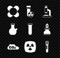 Set Molecule, Test tube with toxic liquid, Microscope, CO2 emissions in cloud, Radioactive, and icon. Vector