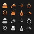 Set Molten gold being poured, Gold ring, bars, Old money bag, Medal, nugget, Bag of and icon. Vector Royalty Free Stock Photo