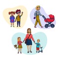 Set of mom and baby. Mother walks with children. Vector illustration in a flat style.