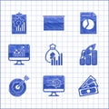 Set Money bag and diagram graph, Computer monitor with chart, Stacks paper money cash, Rocket flying up coins growth