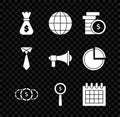 Set Money bag, Earth globe, Coin money with dollar symbol, Magnifying glass and, Calendar, Tie and Megaphone icon Royalty Free Stock Photo