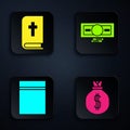 Set Money bag, Holy bible book, Plastic bag with ziplock and Stacks paper money cash. Black square button. Vector