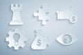 Set Money bag, Pie chart and dollar, Light bulb gear, Eye with, Piece of puzzle and Chess icon. Vector Royalty Free Stock Photo