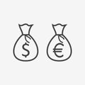 Set of money bags with dollar and euro sign monochrome icons. Vector illustration. Royalty Free Stock Photo