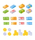 Set of Money, Banknotes and Coins Piles and Stacks. Dollar, Euro, Pound Sterling and Ruble Bills. Investment, Earnings Royalty Free Stock Photo