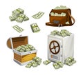 Set of money banknotes for games, posters, banners etc. Game money. Chest, bag and safe full of bacnknotes Royalty Free Stock Photo