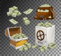 Set of money banknotes for games, posters, banners etc. Game money on transparent background. Chest, bag and safe full of Royalty Free Stock Photo