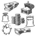 Set of money, cash. Black and white objects. Royalty Free Stock Photo