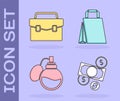 Set Money cash and coin, Briefcase, Perfume and Paper shopping bag icon. Vector