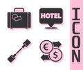 Set Money exchange, Suitcase, Paddle and Location hotel icon. Vector
