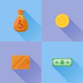 Set of money flat icons. Bank note, gold coin, money bag and wallet. Royalty Free Stock Photo