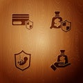 Set Money in hand, Credit card with shield, Life insurance and on wooden background. Vector