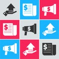 Set Money on hand, Financial news and Megaphone and dollar icon. Vector