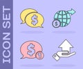 Set Money on hand, Speech bubble with dollar, Speech bubble with dollar and Earth globe with dollar icon. Vector