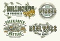 Set of money labels with 100 US dollar bills, gold coins, gearwheels, text Royalty Free Stock Photo