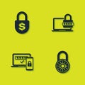 Set Money lock, Safe combination wheel, Two steps authentication and Laptop with password icon. Vector Royalty Free Stock Photo