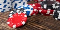 Set of money for playing cards, on a wooden table