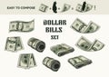 Set with money rolls, stacks, 100 dollar banknotes