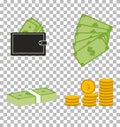 Set moneydollars and coins on transparent background. Royalty Free Stock Photo