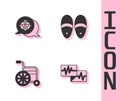 Set Monitor with cardiogram, Grandmother, Wheelchair and Slippers icon. Vector