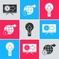 Set Monitor with dollar, Earth globe with dollar and Light bulb icon. Vector