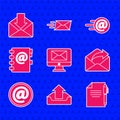 Set Monitor and envelope, Upload inbox, Document pen, Outgoing mail, Mail e-mail, Address book, and Envelope icon Royalty Free Stock Photo