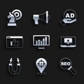 Set Monitor with graph chart, Target, SEO optimization, Laptop star, Magnet, Customer product rating, Advertising and Royalty Free Stock Photo