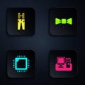 Set Monitor with keyboard, Pants suspenders, Processor CPU and Bow tie. Black square button. Vector