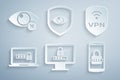 Set Monitor with password, Shield VPN wireless, Laptop, Mobile and, eye and Invisible hide icon. Vector