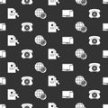 Set Monitor and phone, Telephone, Document and cursor and Earth globe with mail on seamless pattern. Vector.