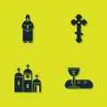 Set Monk, First communion symbols, Church building and Christian cross icon. Vector Royalty Free Stock Photo