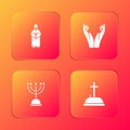 Set Monk, Hands in praying position, Hanukkah menorah and Tombstone with cross icon. Vector Royalty Free Stock Photo