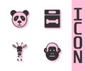 Set Monkey, Cute panda face, Giraffe head and Dog bone icon. Vector Royalty Free Stock Photo