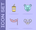 Set Monkey, Paper glass with water, Festive mask and Bear head icon. Vector