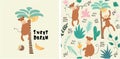 set of monkey print and seamless pattern with monkeys.vector