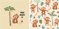 Set of monkey print and seamless pattern with monkeys.vector