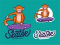 Set of Monkey skater funny logotype with text, phrase.Jungle macaque character Royalty Free Stock Photo