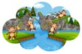 Set of monkeys in nature scene