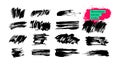 Set of monochrome black abstract strokes, brushes, grunge textures. Hand drawn paint brush strokes and stains. Ink brush lines, Royalty Free Stock Photo