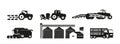Set of Monochrome Black Icons Farm Machinery and Buildings Isolated on White Background. Tractor, Plower Royalty Free Stock Photo