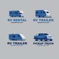 Set of monochrome camper van car logo. Recreational vehicle and camping design elements.