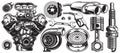 Set of monochrome car repair service elements