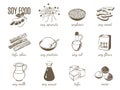 Set of monochrome cartoon soy food illustrations - soy milk, soy sauce, soy meat, tofu, miso and so on. Vector illustration